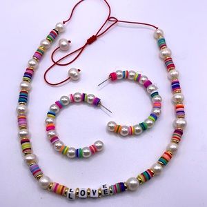 Colorful handmade necklace using genuine pearls and beads with matching earrings